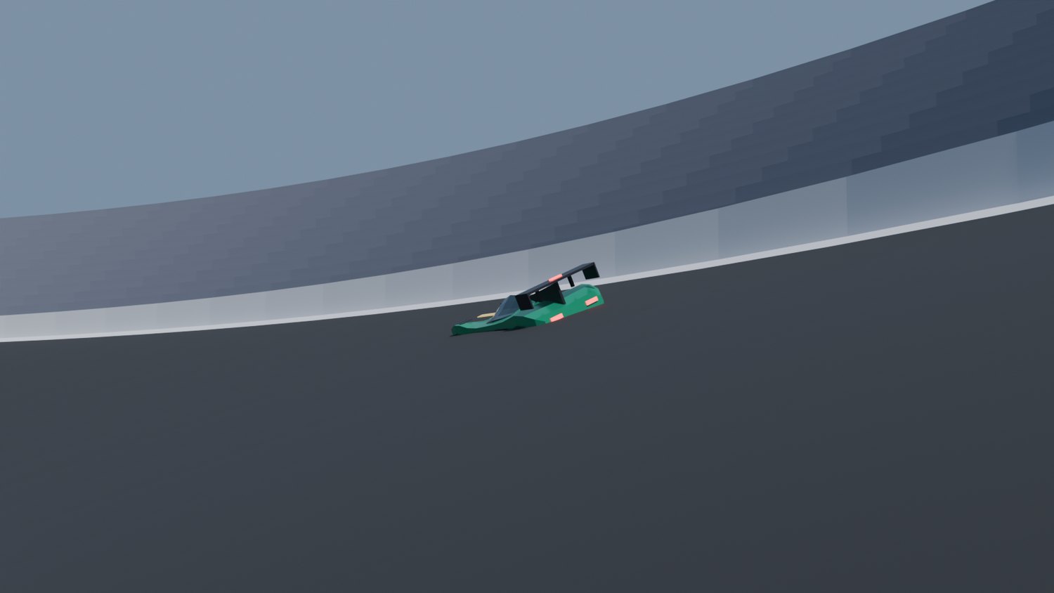 Un prototipo verde apoyado en la curva peraltada del óvalo
